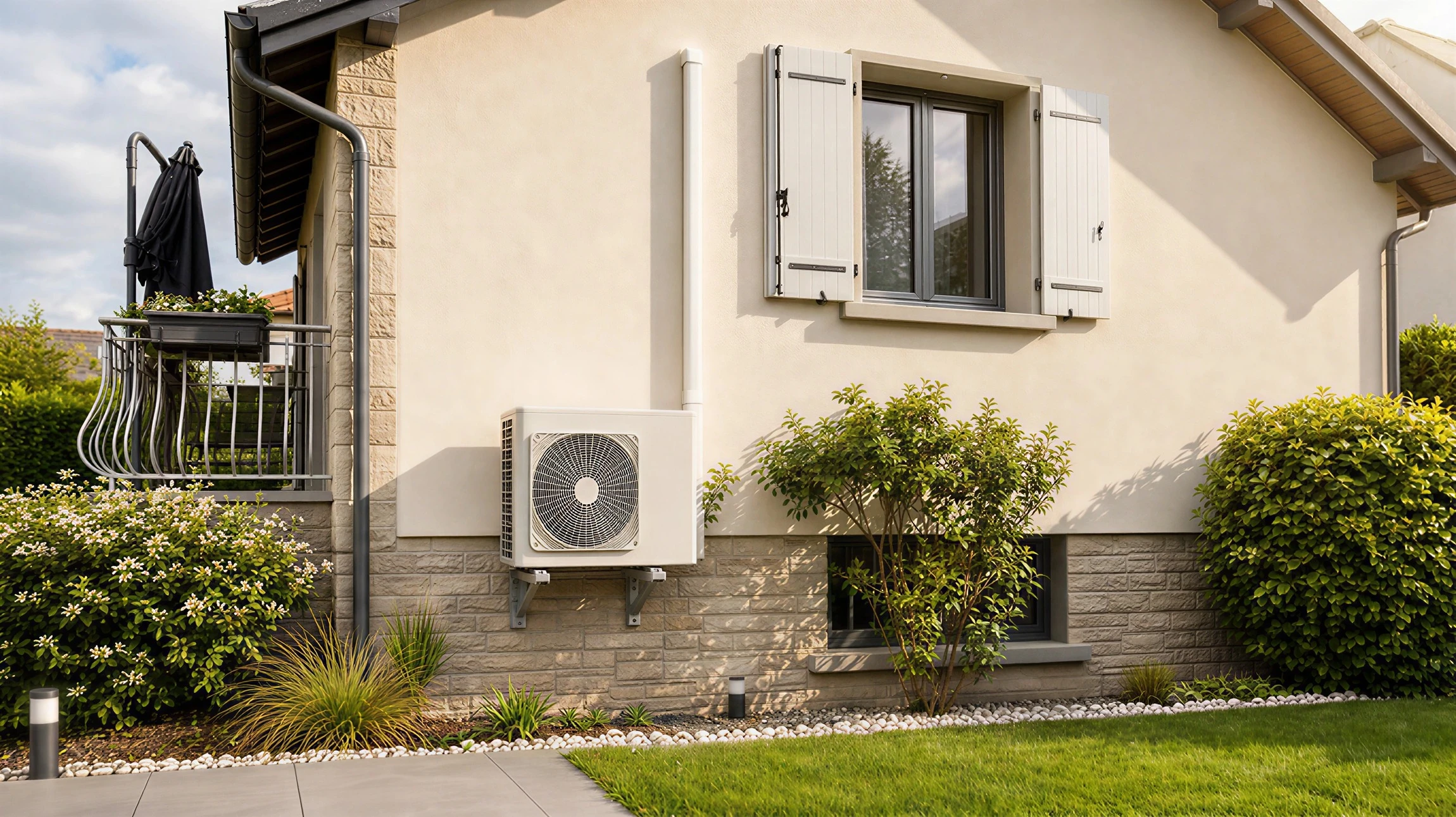 Extérieur résidentiel moderne avec pompe à chaleur air-eau installée sur gravier concassé gris, bordée de pelouse verte entretenue