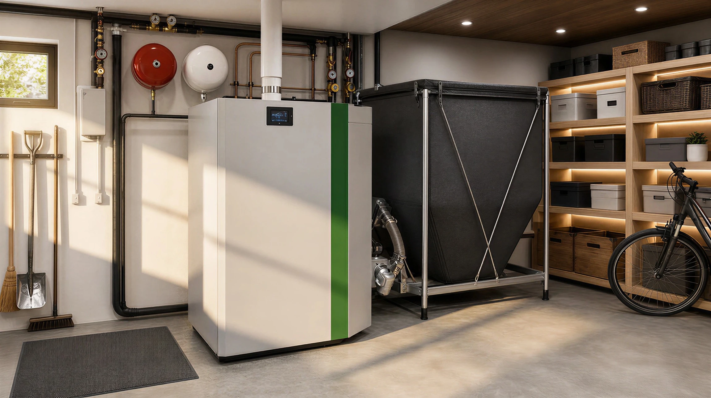 Scène extérieure avec tas de granulés de bois cylindriques beiges au premier plan, bûches de bois dur empilées à l'arrière-plan, végétation verte floue