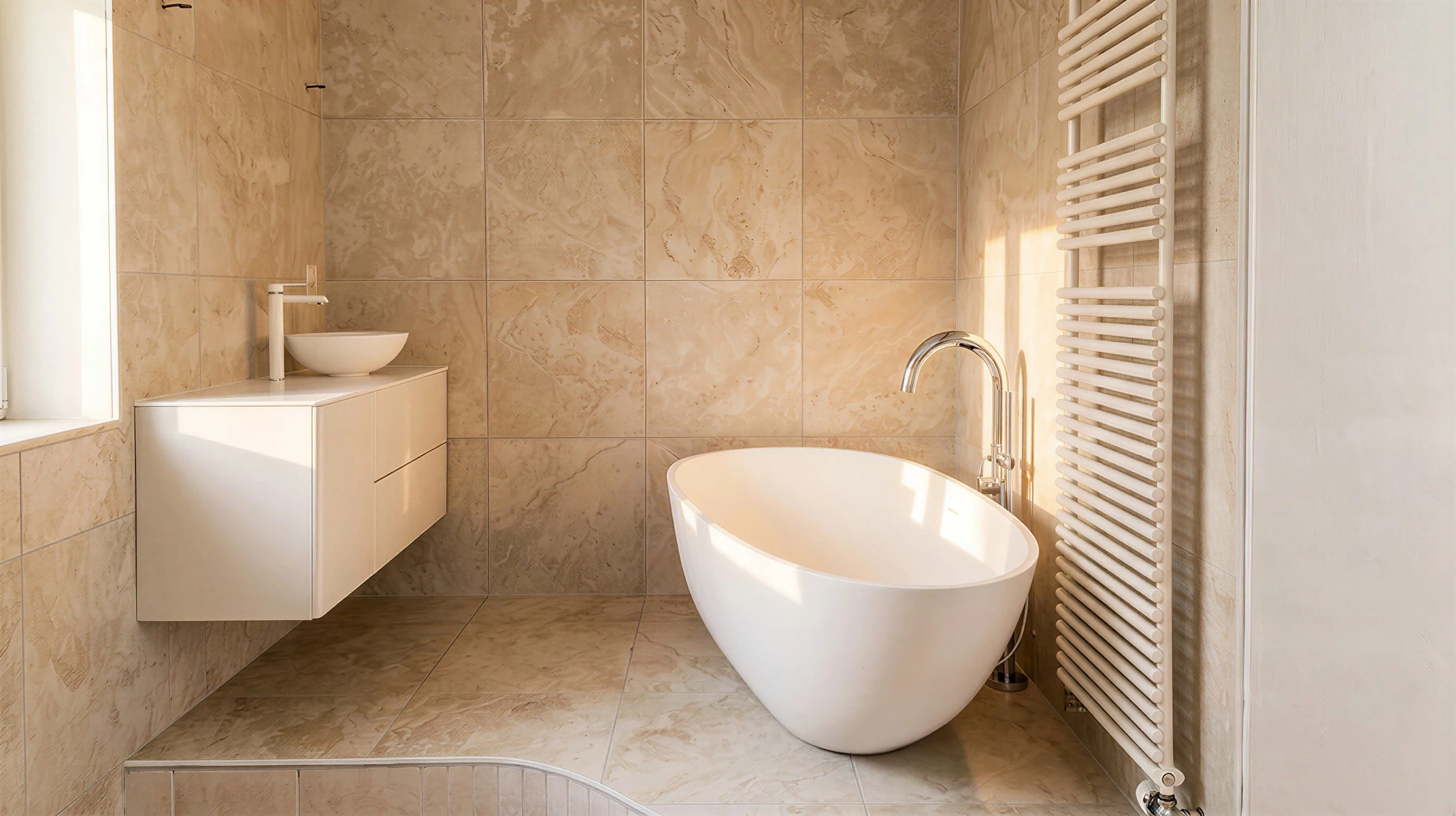 Salle de bain moderne avec baignoire îlot blanche, douche à l'italienne vitrée, vasque sur plan bois, WC suspendu