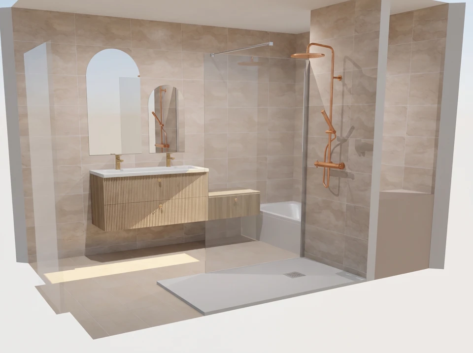 Salle de bain moderne avec vasque en pierre naturelle grise posée sur plan de travail en bois suspendu